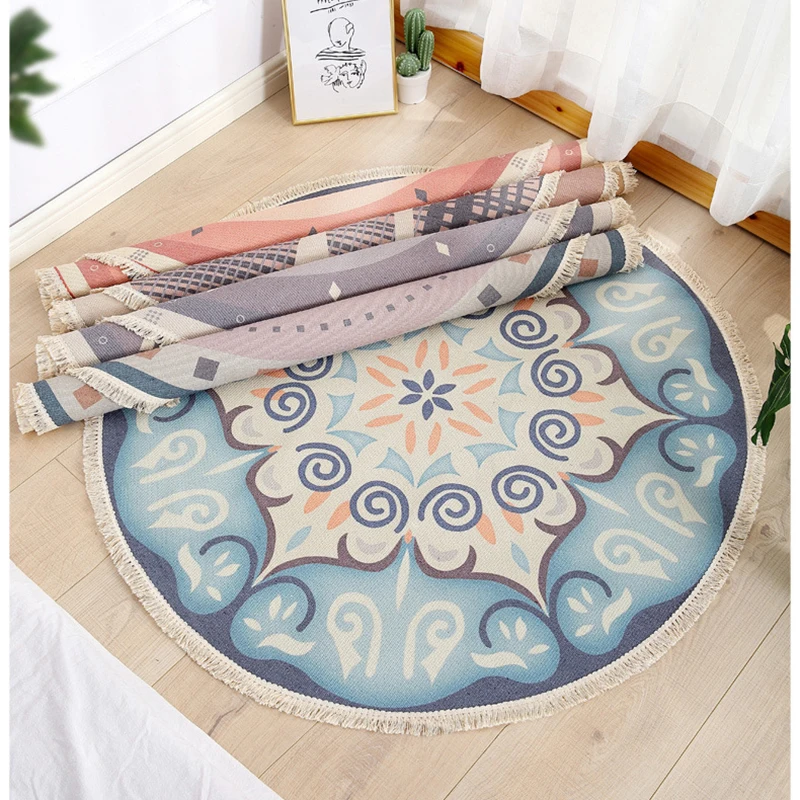 

Retro Bohemian Rug Round Cotton Linen Carpet Rug Bedside Rug Geometric Floor Mat Living Room Bedroom Carpet Home Decoration