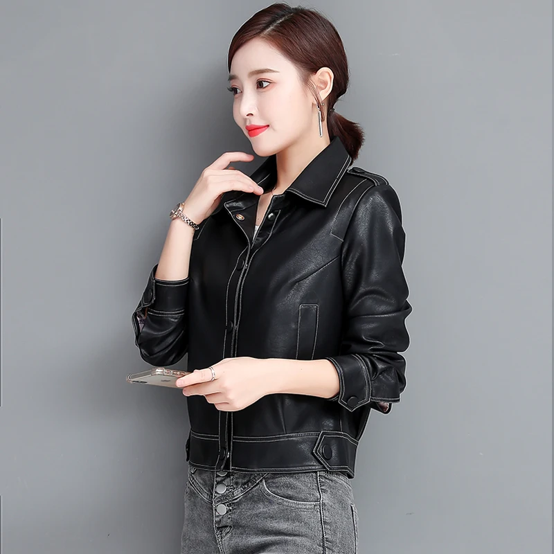 Женская однобортная куртка из ПУ кожи короткая Базовая осенняя мягкой
