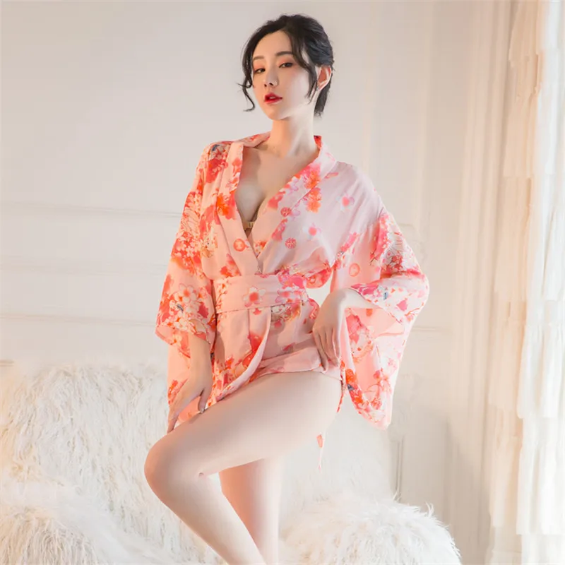 

Sexy Lingerie Women Nightdress Print Mini Dress Backless Japanese style Kimono Female sexy underwear