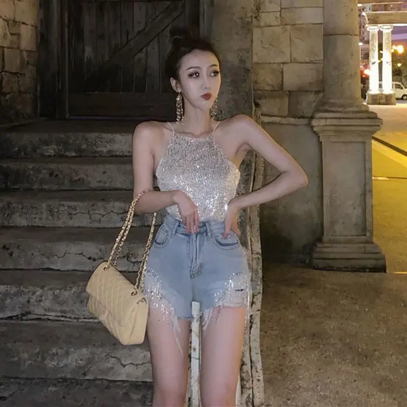 Korean Style Solid Tassel Diamond Chain Female Denim Shorts Women High Waist Wide-leg Loose Hole Jeans Short 2020 Fashion | Женская