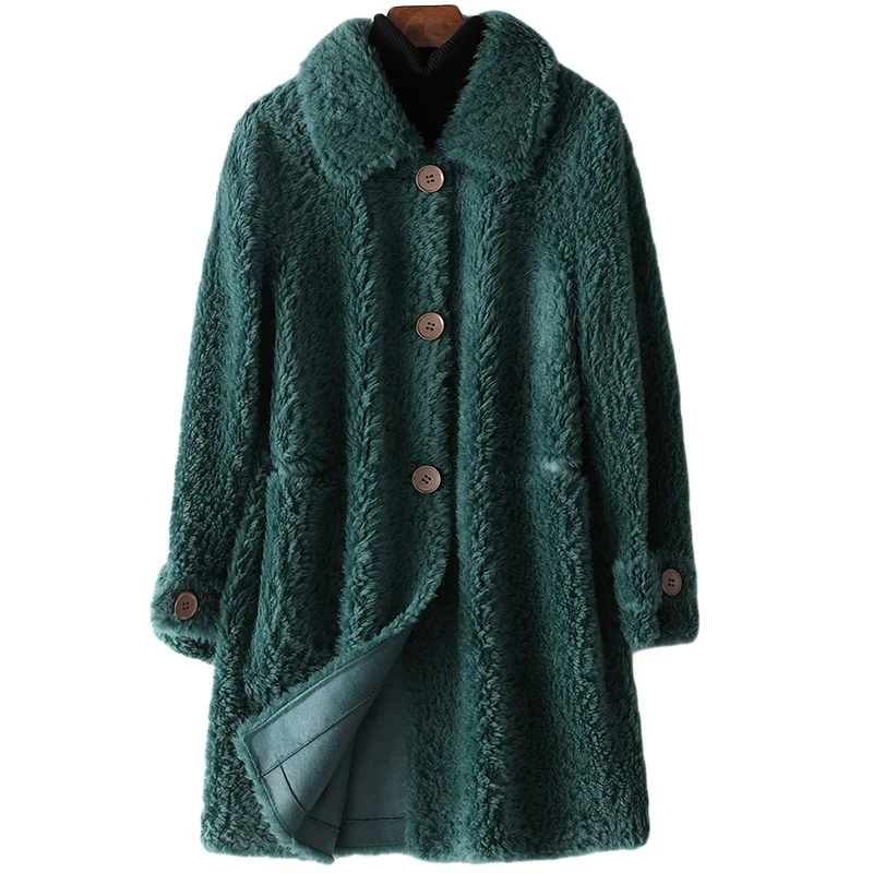 New Winter Real Sheep Coats Mid-length Dark Green Jackets Single Breasted Overcoats Women Turn-down Collar Overcoats Office Lady