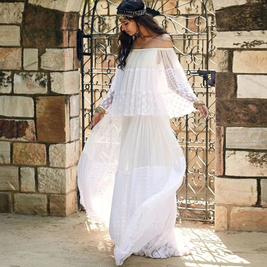 Женское винтажное платье с открытыми плечами TEELYNN белое кружевное длинное