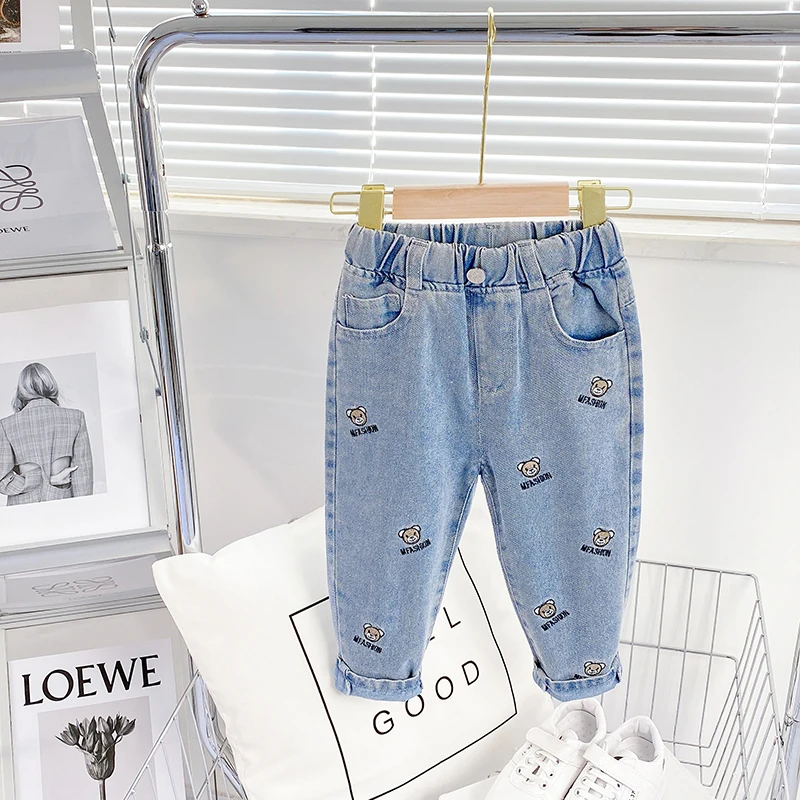 

Демисезонные детские брюки с мультяшной вышивкой, модные хлопковые джинсы для девочек, детские джинсовые брюки для мальчиков и младенцев, д...