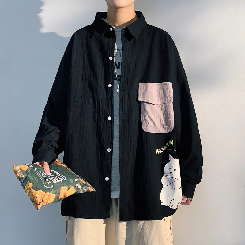 

Хлопковая льняная блузка #2455 для мужчин, свободные рубашки с принтом кошки на весну и лето, Мужская винтажная рубашка черного и белого цвета ...