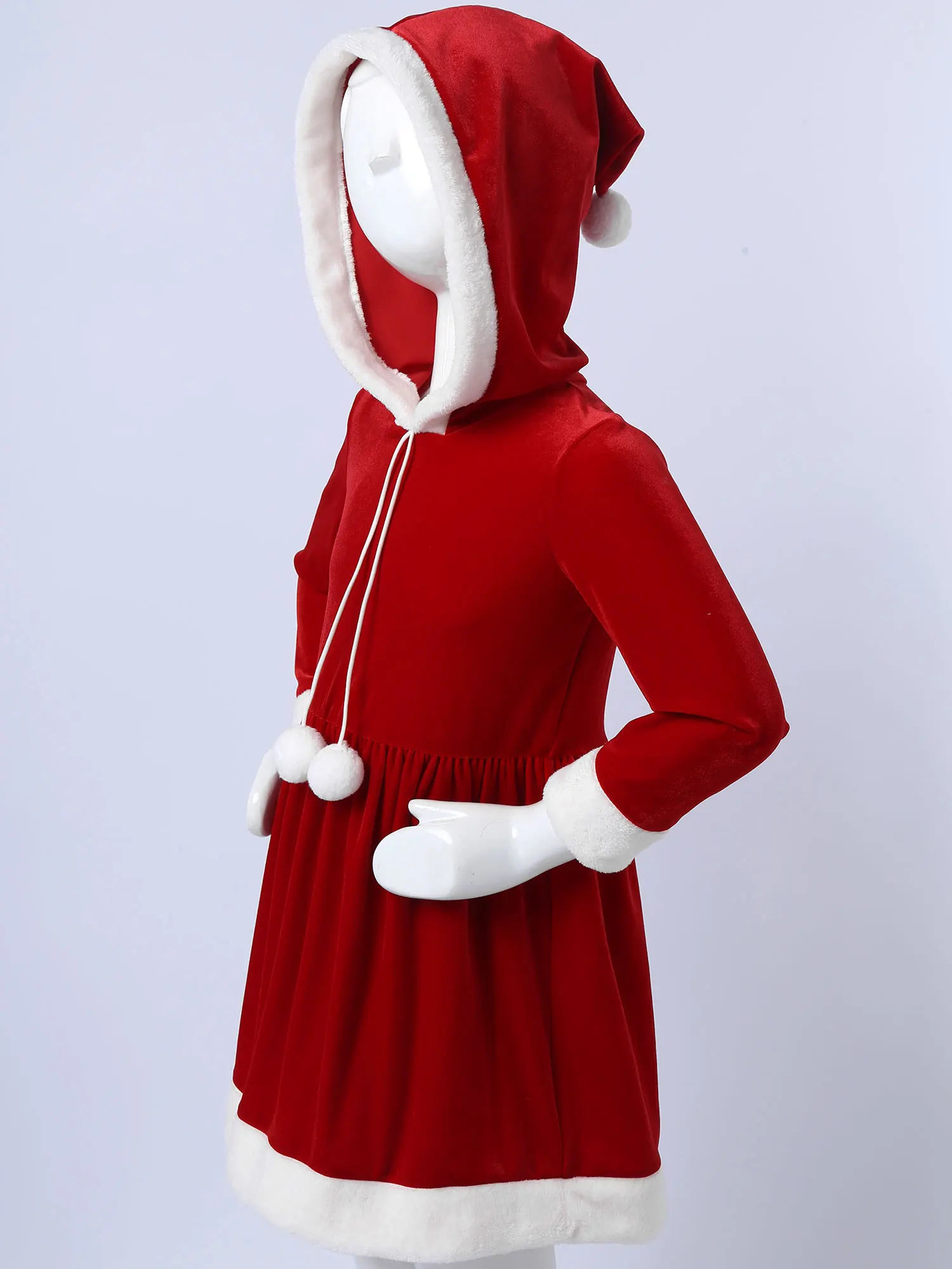 4-14Y Kids Girls Christmas Costume Dress With Hooded Velvet Long Sleeve Red Xmas Dress Princess New Year Party Outfit Dress Up