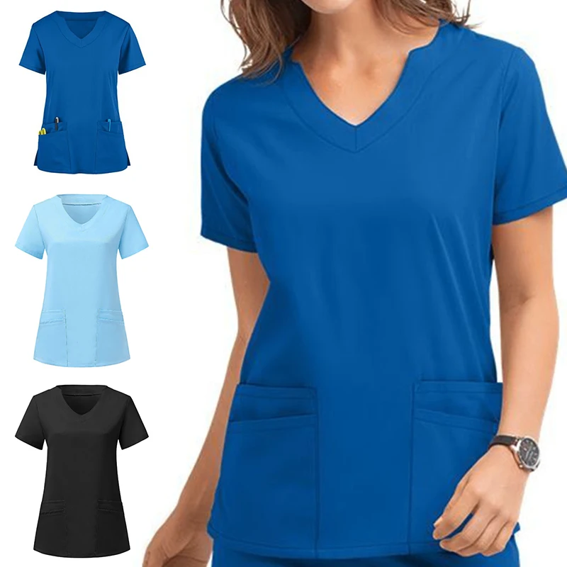 

Униформа медсестры Женская однотонная, с V-образным вырезом и коротким рукавом, 4 цвета, S-3XL