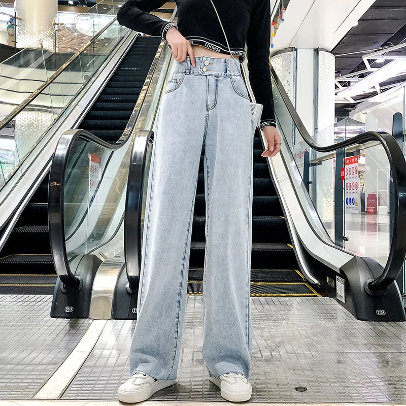 

#3167 Autumn High Waist Double Buckle Wide Leg Jeans Women Loose Full Length Straight Jeans Femme Blue Korean Style Jeans Woman