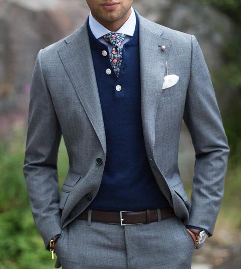 Classy Grey Men Business Suits for Groom Tuxedo 2 Piece Bridegroom Outfit Slim Fit Terno Masculino Man Attire Groomsmen Blazers