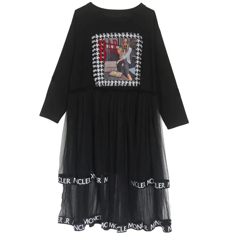black ZYQ1947 XITAO Tide Сетчатое платье средней длины в стиле пэчворк с буквенным принтом и круглым вырезом с длинными рукавами, модное свободное Повседневное платье больших размеров для женщин ZYQ1947 - Цвет: black ZYQ1947