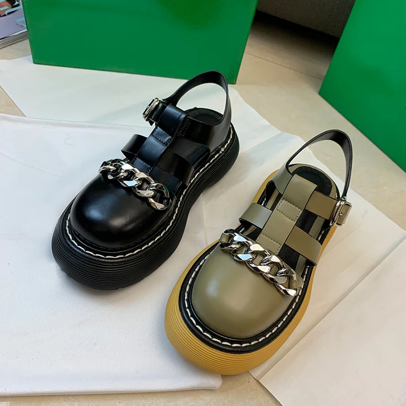 

European Station 2021 Women's Shoes New Leather Chain Thick-Soled Word Belt Roman Shoes Wild Baotou Thick-Soled Sandals