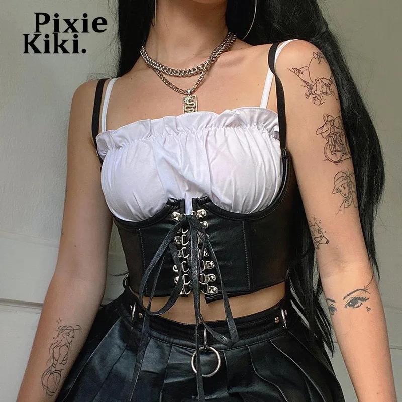 

Черный корсет на шнуровке PixieKiki из искусственной кожи, женский аксессуар в стиле панк и Готика