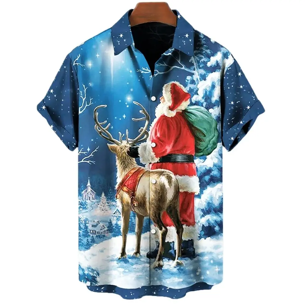 

Fashion Men Short Sleeve Hawaiian Shirt Tops Christmas Santa 3D Print Blouse Plus Size Summer Casual Beach Shirts For Men 5XL