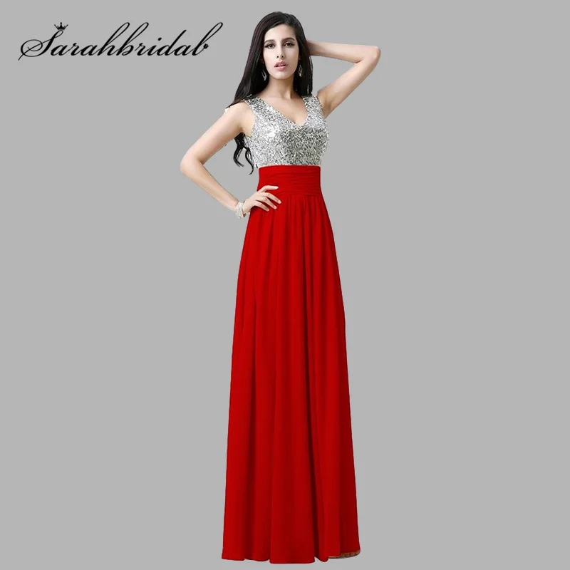 

New Red Deep V Neck Chiffon Bridesmaid Dresses A Line Lace Up Backless Robes De SoirÃ©e Women Floor Length Prom Gowns ED0021