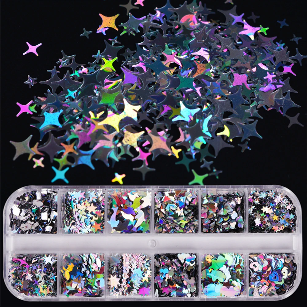 

Nail Art Glitter Sequins Flakes 12 Grids Laser Silver Nail Decals 3d Butterfly Nail Glitters Star Heart Unicorn Nail Art Sticker