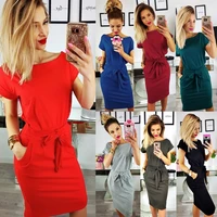 summer casual women bodycon dress sexy short sleeve slim with belt solid dresses pockets vintage new party 2021 beach plus size