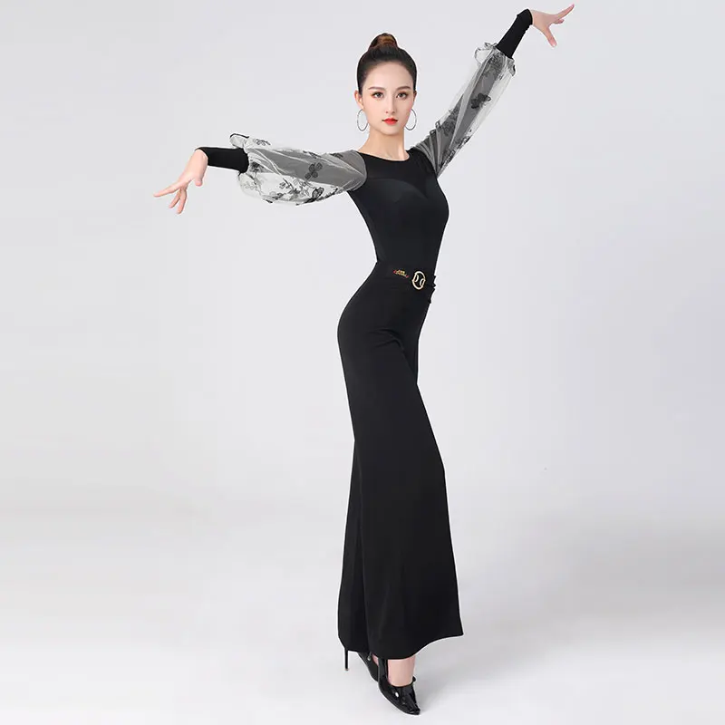 

Latin Dance Clothes Top New One-Piece Neck Piece Open Back Modern Practice Clothes Fashionable Thin Slim Elegant Mesh Sleeves