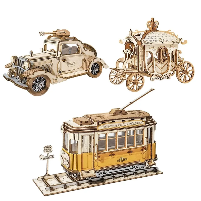 

Transportation Wooden Model Building Blocks Kits Vintage Car 3 Kinds DIY 3D Tramcar Carriage Toy Gift for Children Adult