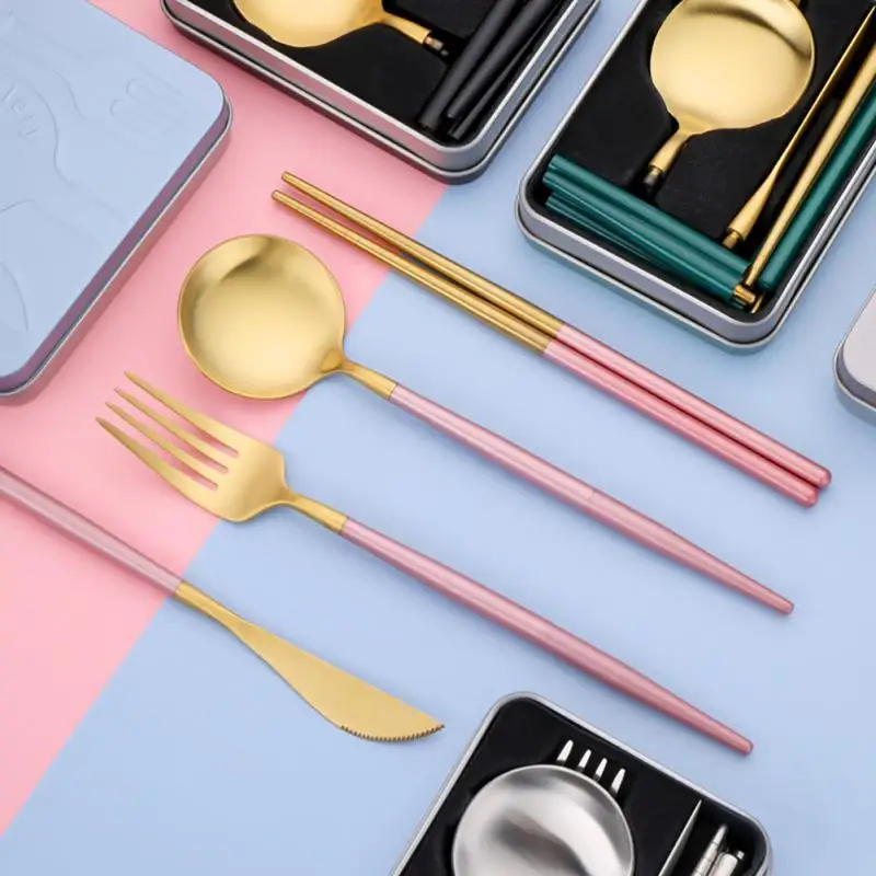 

Spoon Fork Knife Set Stainless Steel Spoon Set With Box Portable Dinnerware Sets Removable Steak Tableware Home Kitchen Supplies
