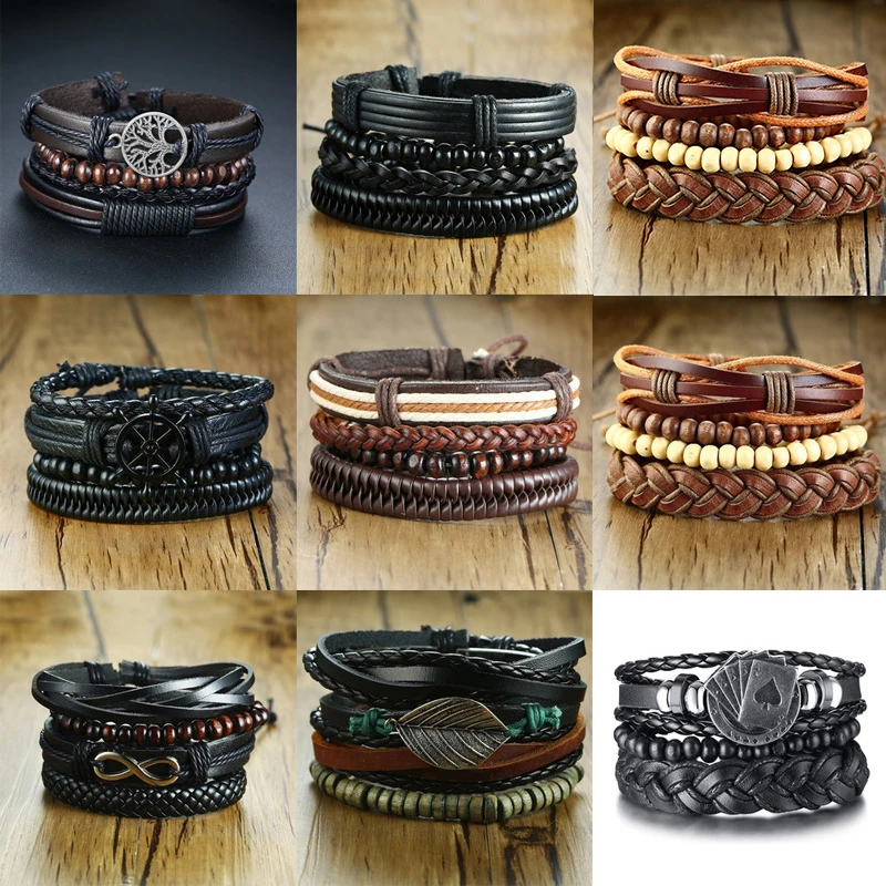 

Vnox Mixet Geflochtene Wrap Leder Armbnder fr Mnner Frauen Vintage Poker Charme Holz Perlen ethnische Tribal Armbnder
