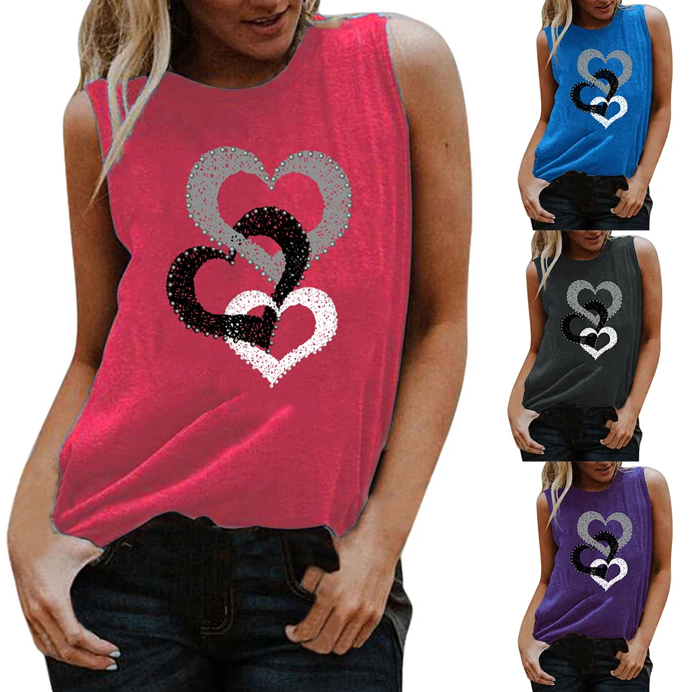 

Heart Tank Tops Women O-Neck Sleeveless Casual Tees Tops Summer Loose Femme Ladies Vest Ropa Mujer Tee Shirt