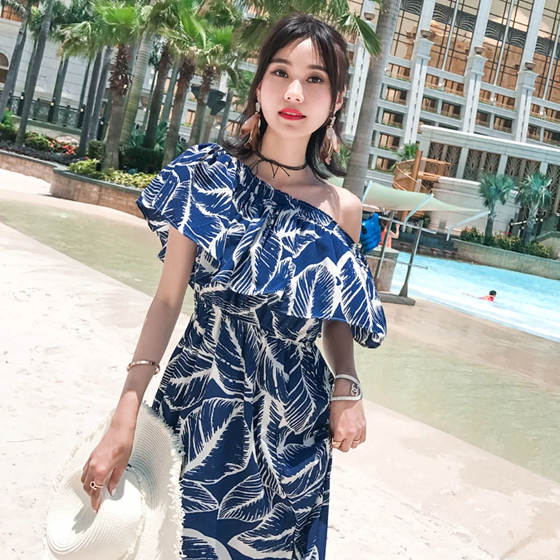 Summer Women Blue Printed Party Dress Elegant Long Tropical Strapless Vacation Korean Chiffon Maxi Beach Sundress Runway 2021 | Женская