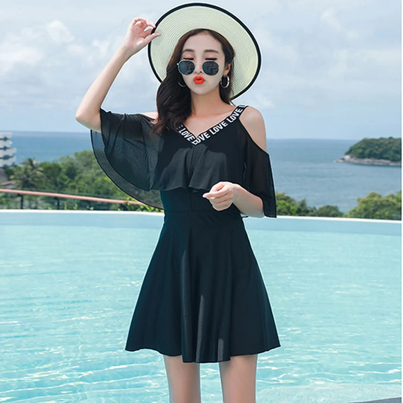Letter On V Neckline Black Two Piece Swimsuit Skirt Plus Size Swimwear Women Two Wearing Ways Quick Drying Swimming Suit Beach