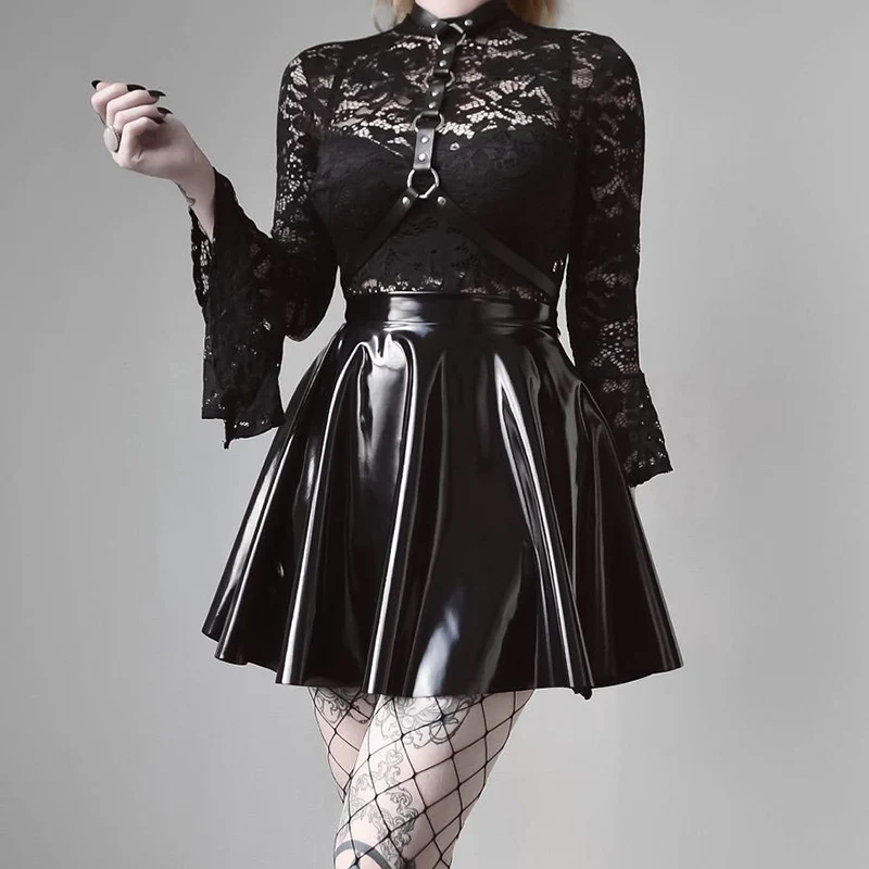 

Mall Goth Sexy Black Lace Bodysuit Femme Hollow Out Backless Long Flare Sleeve Bodies for Women Bodycon Jumpsuit Y2K Alt Clothes