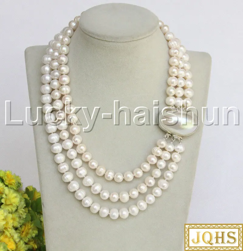 

JQHS natural 17" 10mm 3rows white freshwater pearls Necklace mabe clasp j12244
