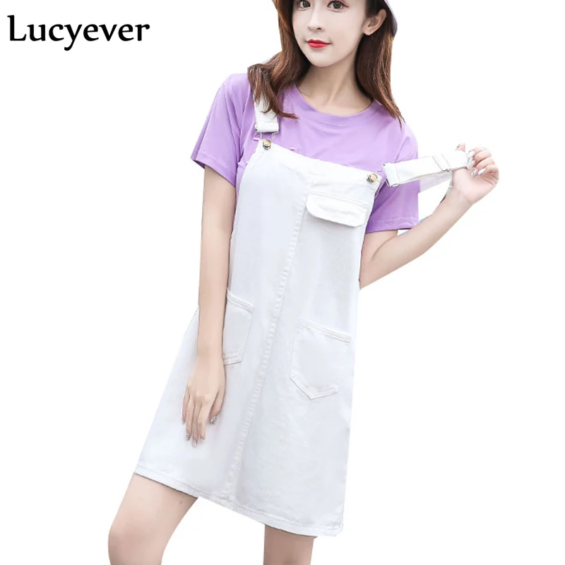Lucyever Harajuku джинсовое платье женские летние джинсы на подтяжках без рукавов