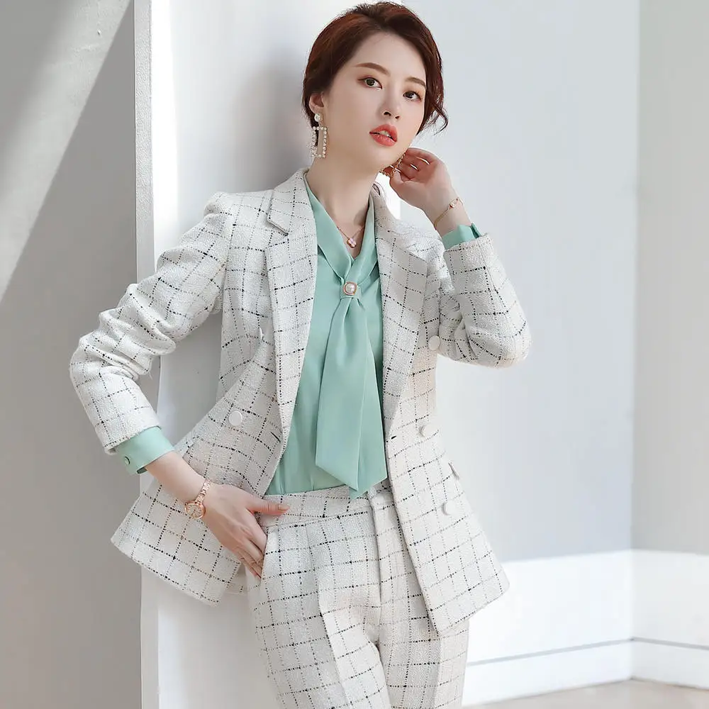 Женский костюм с клетчатыми брюками зимний модный женский твидовый пиджак
