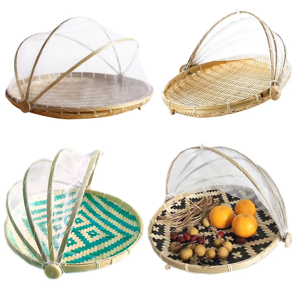 

Hand-Woven Food Serving Tent Basket Tray Fruit Vegetable Bread Storage Basket Simple Atmosphere Outdoor Picnic Mesh Net Cover