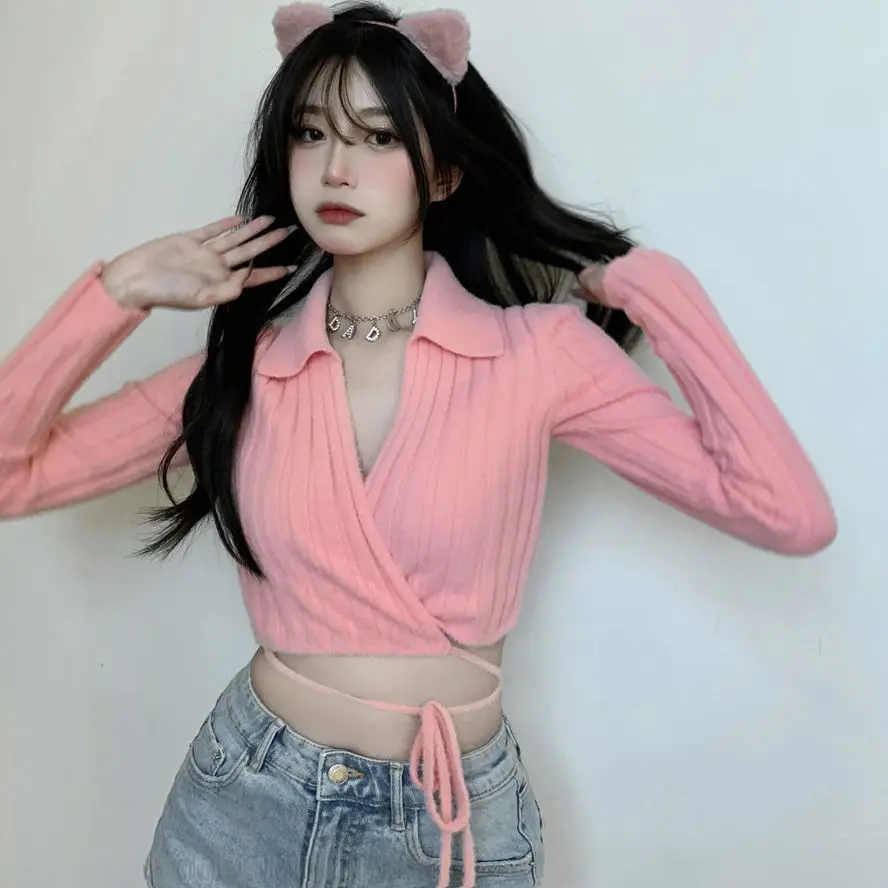 

Women's Knitted Crop Tops Sexy Solid Cross V-Neck Lace Up Bow Jumper Long Sleeve Cardigan Female Spring Autumn Slim Sweater Coat