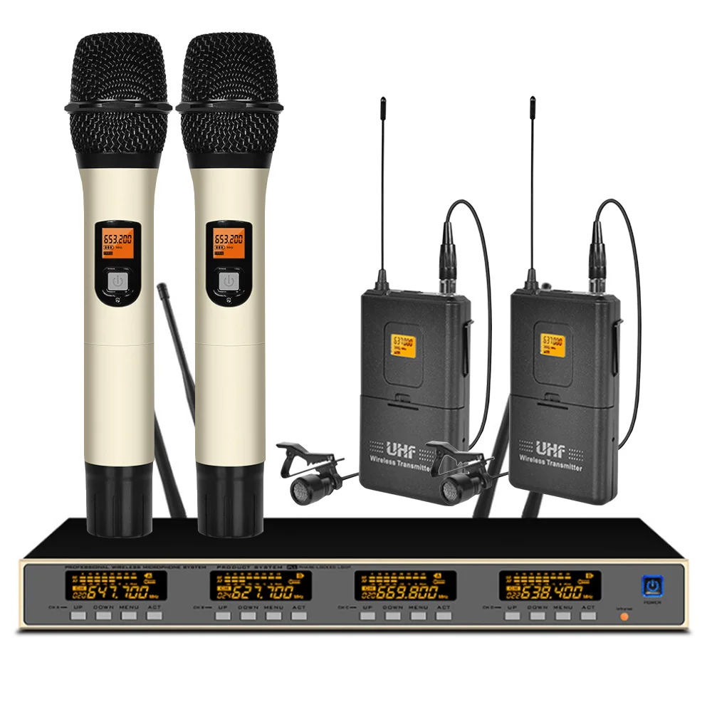 Профессиональный беспроводной микрофон UHF с четырьмя воротниками для выступлений на сцене, школы, церкви, на открытом воздухе.