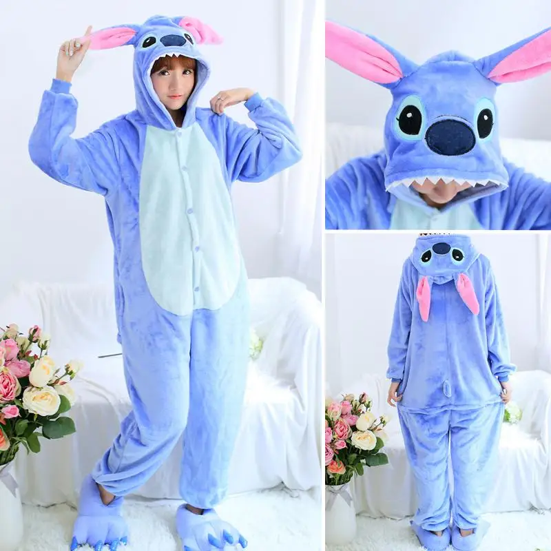 Blue Stitch FL Пижамы для взрослых, Женские Фланелевые пижамы, кигуруми, единорог, Ститч, тигр, Тоторо, Мультяшные животные, пижамные комплекты, пижамы с капюшоном - Цвет: Blue Stitch FL