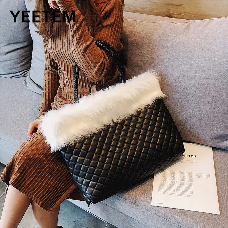 

Large-capacity Plush Bag Female Tide Korean Version of Rhombus Portable All-match Plush Shoulder Bag Tote Bag Luxury Women's Bag