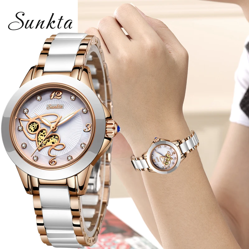 Женские кварцевые часы SUNKTA модные водонепроницаемые с керамическим ремешком и
