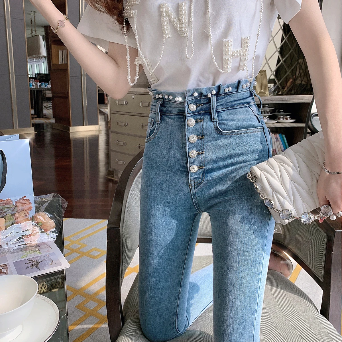 

Washed Skinny Stretch Jeans for Women Spring/Summer 2021 New Slimming High Waist Pencil Denim Trouse Female Long Cigarette Pants