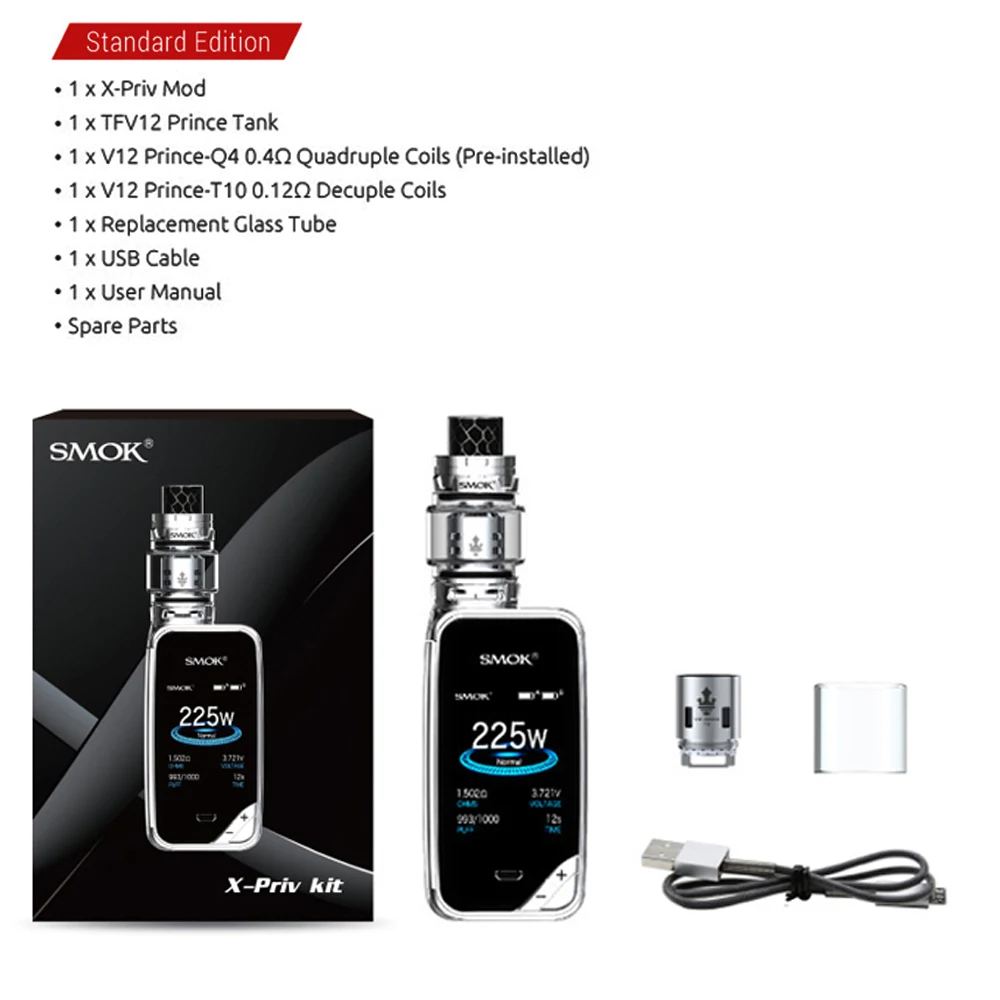 Оригинальный SMOK X-PRIV KIT 225W X Priv Mod Полный экран 8 мл TFV12 Prince Tank электронная сигарета