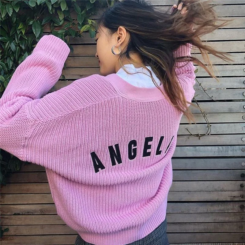

Women Cute Chic Angel Letter Print Loose Ribbed Knitted Long Sleeve Button Cardigan Harajuku Casual Knitted Coat Top Streetwear