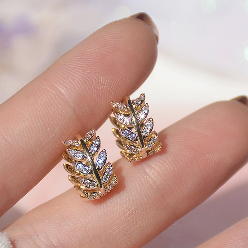 

2021 New Arrive Popular Design 14K Real Gold Leaf Circle Earrings for Women Charm Jewelry Zirconia Stud S925 Silver Needle Party