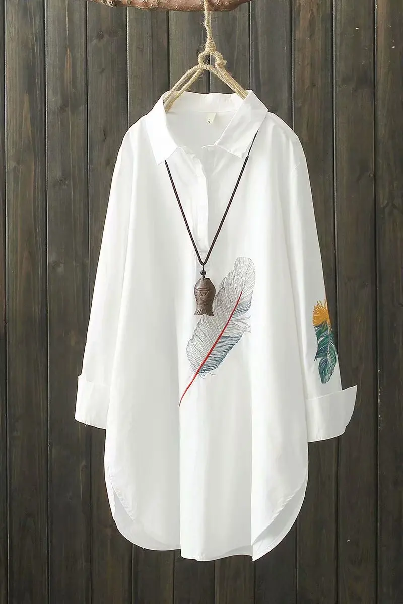 

2021 Embroidered Cotton White Shirt Women's Casual Bottoming Loose Plus Size Long Pullover Solid Top