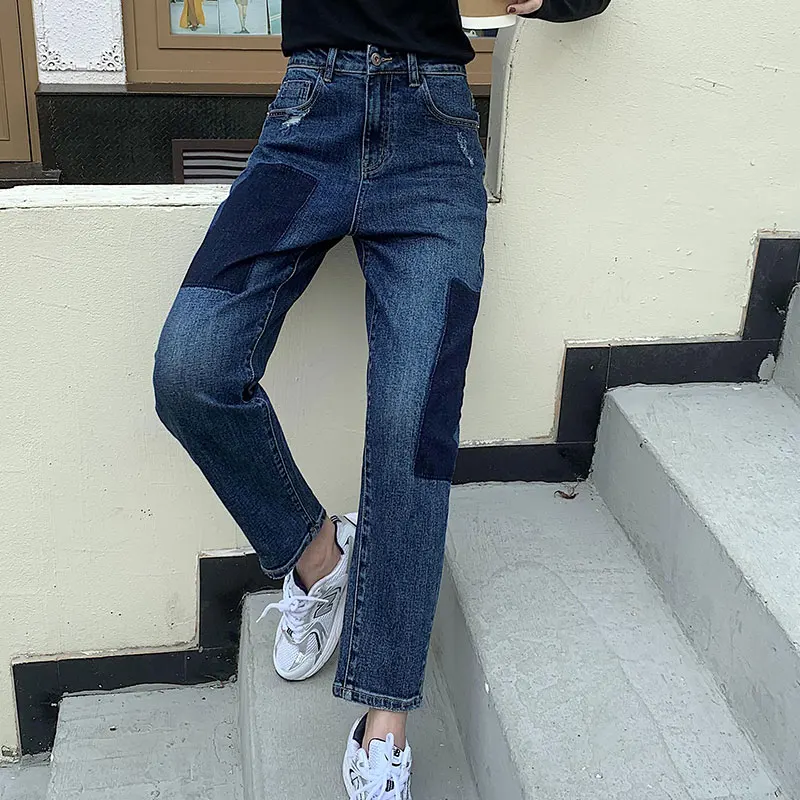 

Patchwork Straight Women's jeans Baggy Vintage High Waist Boyfriends Mom Denim woman Streetwear 2021 new Female straight jean