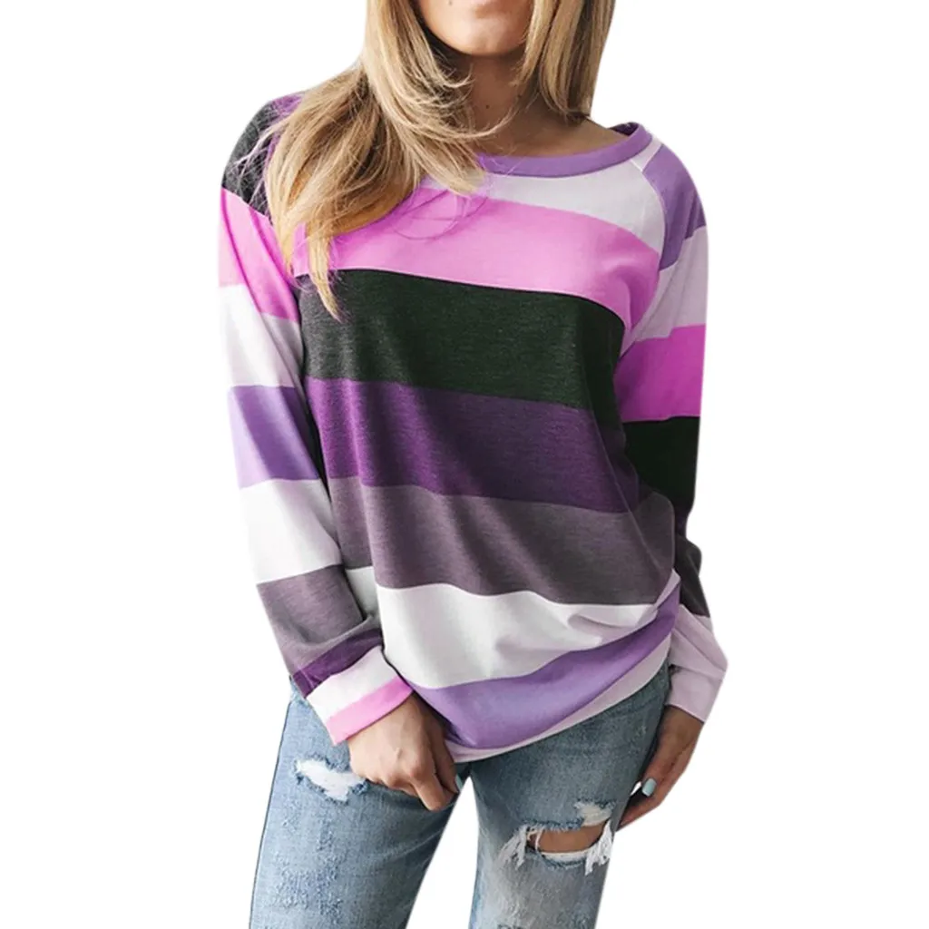 

Home&Nest Rainbow Stripe Sweatshirt Women Contrast Knitted Pullover 2019 Long Sleeve O Neck Knitwear Fashion Slim Sweatshirts