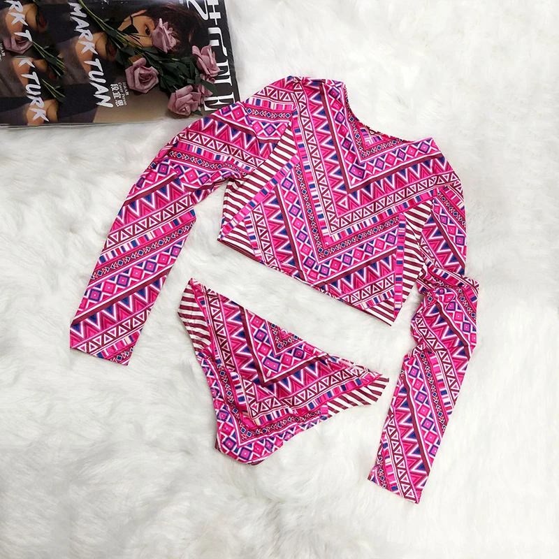 

2021 New Sexy Print Bikini Swimsuit Women Two Piece Long Sleeve Slim Fit High Waist Ladies Beach Sunscreen Swimwear Bathing Suit