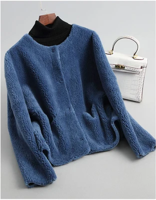 blue Новое пальто из натурального овечьего меха женская куртка из натурального меха пальто из натуральной шерсти замшевая кожаная подкладка большой размер F1121 - Цвет: blue