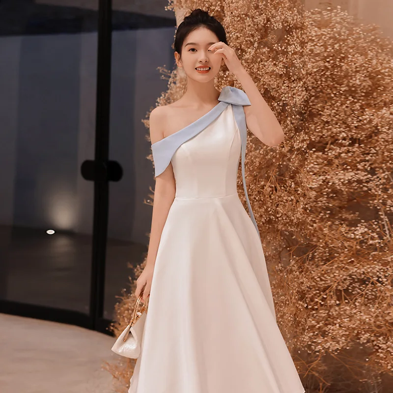 

White One-shoulder Evening Dress with Bowknot Can Usually Be Worn Birthday Banquet Party Prom Dress Daily Dress Women A277