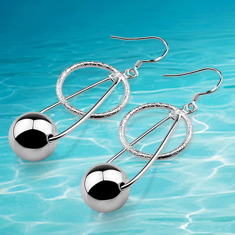 Женские серьги подвески из чистого серебра круглые с бусинами серебряные для