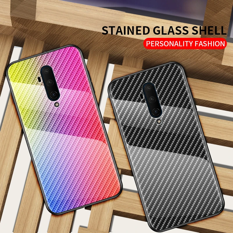 Luxury Carbon Fiber Tempered Glass Case OnePlus One Plus 7T Pro 7TPro McLaren Aurora gradient Protective Shell Phone Cover |
