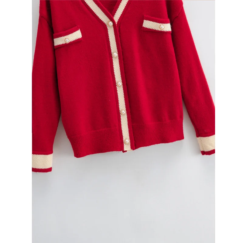 

Red V-neck Contrast Pearl Buckle Chic Female Cardigan Korean Style Harajuku Single-breasted Fashionable Women's Sweater Tops