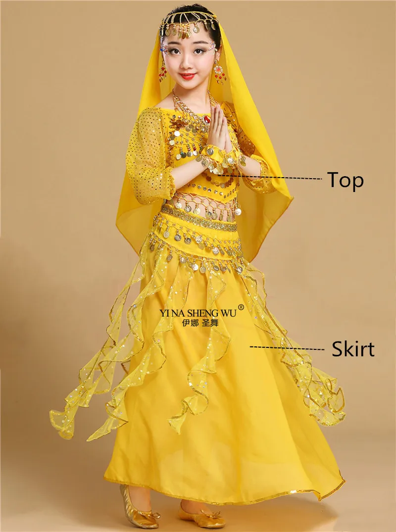 Yellow 2pcs Детские костюмы для танца живота, индийские Детские костюмы для танца живота, одежда для восточных танцев для девочек, индийский комплект для выступлений в Болливуде, танец живота - Цвет: Yellow 2pcs